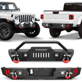 Front & Rear Bumper Fit for Gladiator JT 2020 2021 2022 2023 2024 2025, Gladiator Bumper Black with Winch Plate, D-ring and Lights (Compatible with Gladiator JT 2020-2025) POFENZE
