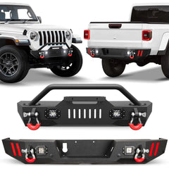 Front & Rear Bumper Fit for Gladiator JT 2020 2021 2022 2023 2024 2025, Gladiator Bumper Black with Winch Plate, D-ring and Lights (Compatible with Gladiator JT 2020-2025) POFENZE