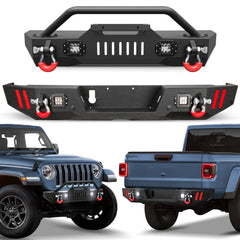 Front & Rear Bumper Fit for Gladiator JT 2020 2021 2022 2023 2024 2025, Gladiator Bumper Black with Winch Plate, D-ring and Lights (Compatible with Gladiator JT 2020-2025) POFENZE