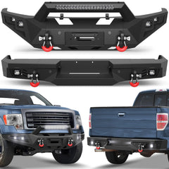 Front + Rear Bumper Set, Full Width Offroad Bumper w/Winch Plate, 144W Light Bar, 6x18w Fog Lights, D-rings, License Plate Bracket for 2009-2014 Ford F150 Truck (Excluding Raptor) POFENZE