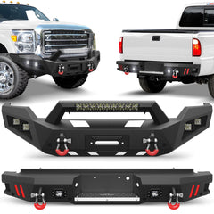 Front + Rear Bumper Set, Full Width Offroad Bumper w/Winch Plate, 144W Light Bar, 6x18w Fog Lights, D-rings, License Plate Bracket for 2011-2016 Ford F250/F350/F450 Truck POFENZE