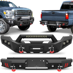 Front + Rear Bumper Set, Full Width Offroad Bumper w/Winch Plate, 144W Light Bar, 6x18w Fog Lights, D-rings, License Plate Bracket for 2011-2016 Ford F250/F350/F450 Truck POFENZE