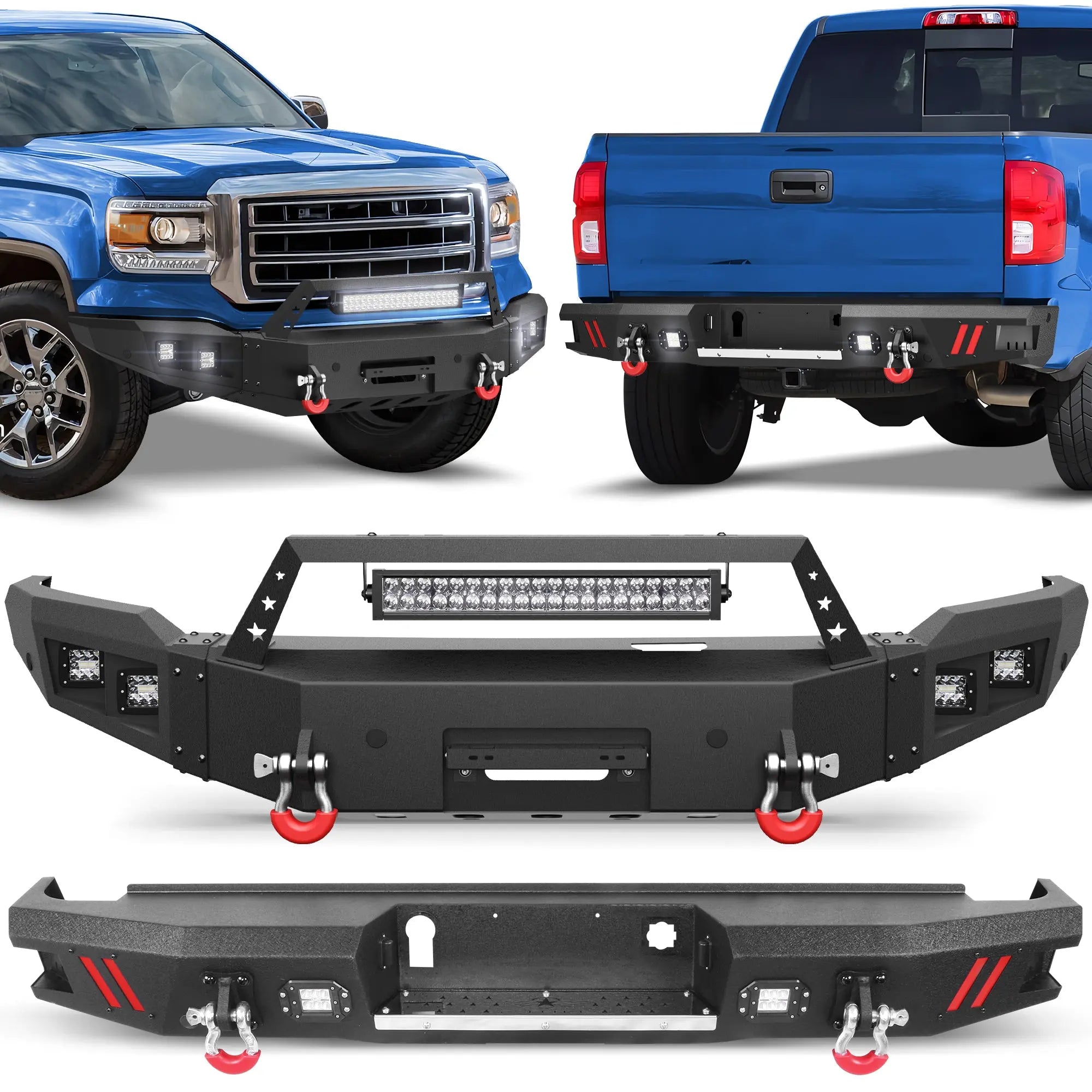 Front and Rear Bumper Combo, Full Width Offroad Bumper Set for 2014-2015 GMC Sierra 1500 POFENZE