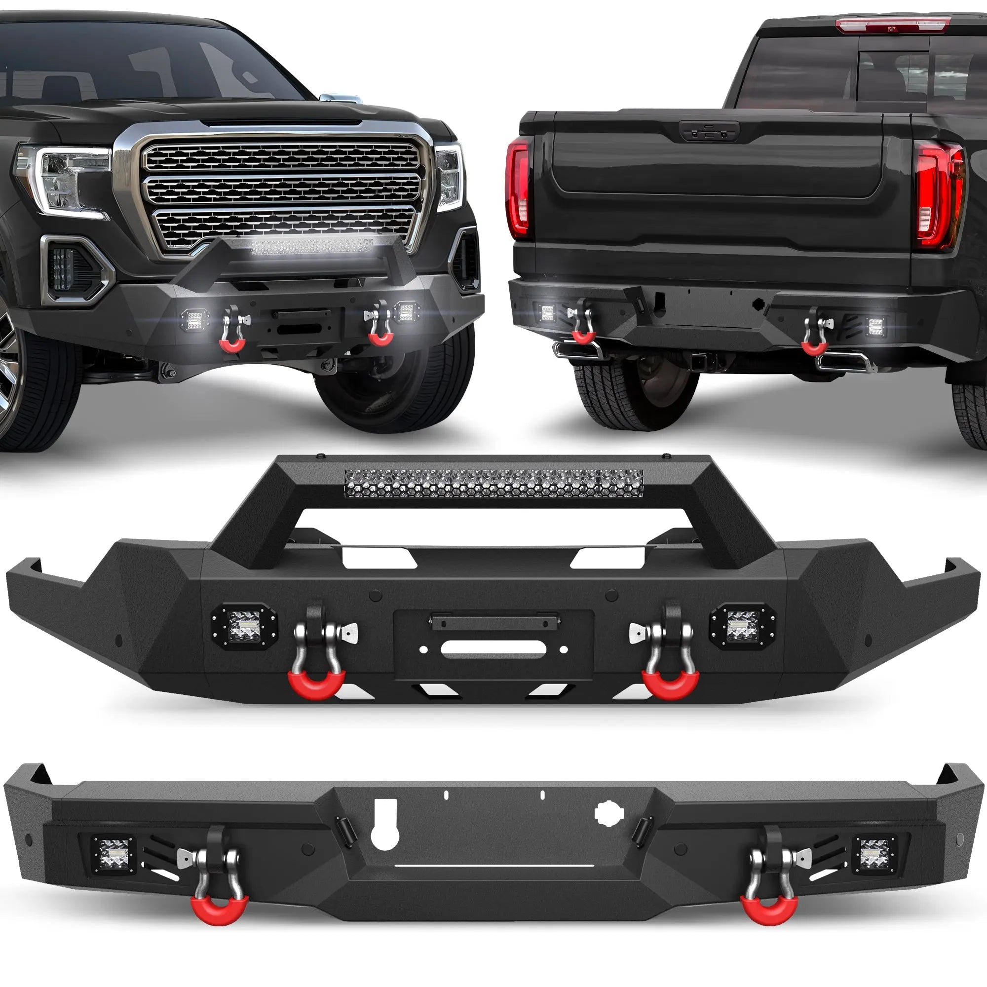 Front and Rear Bumper Combo, Full Width Offroad Bumpers for 2019-2022 GMC Sierra 1500 (2019 Not Fit Limited and 2022 Only Fit Limited) POFENZE