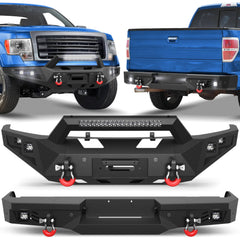 Front and Rear Bumper Set for 09-14 F150, Full Width Offroad Bumper w/Winch Plate, 144W Light Bar, 6x18w Fog Lights, D-rings, License Plate Bracket for 2009-2014 Ford F150 Truck (Excluding Raptor)