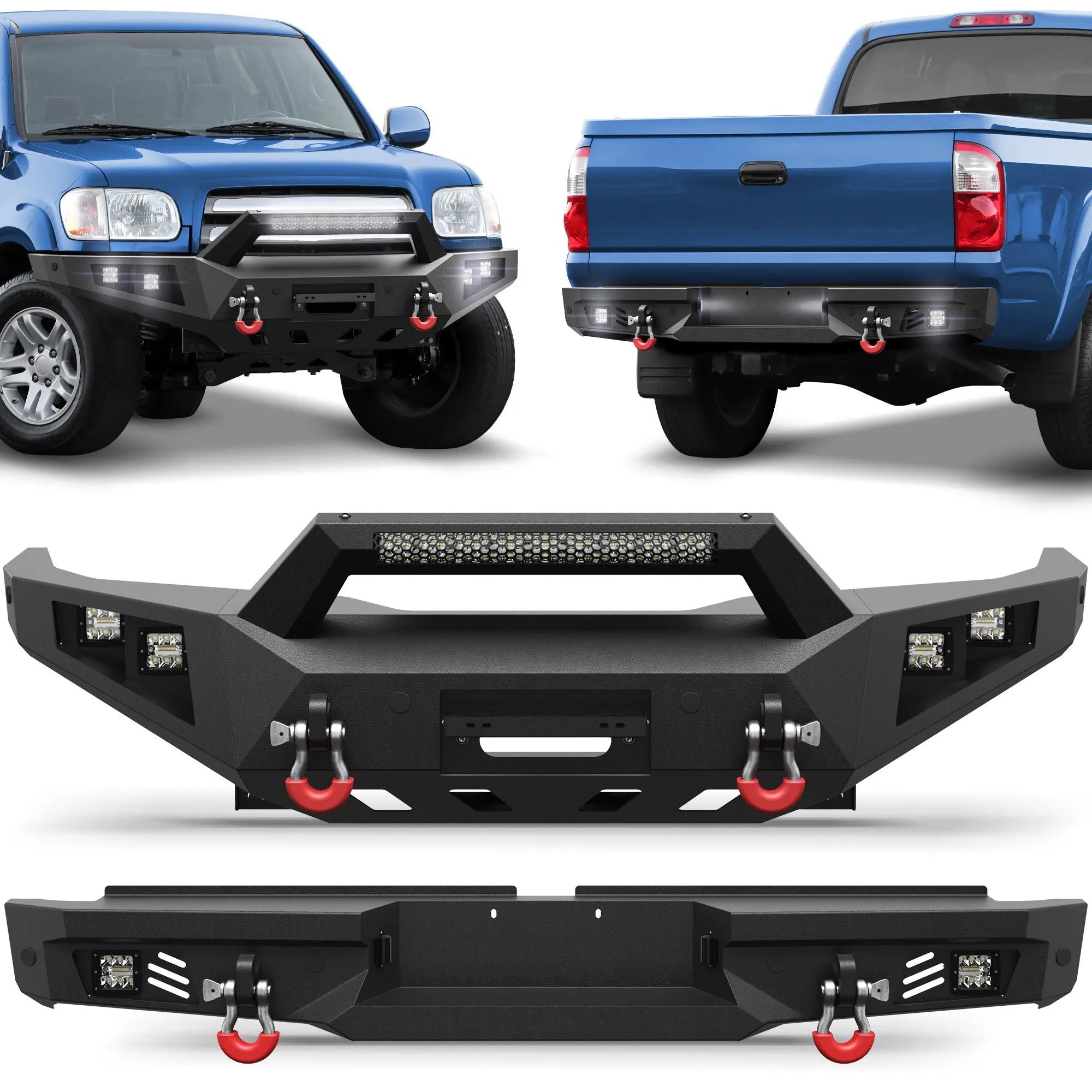Front and Rear Bumper Set for 2000-2006 Toyota Tundra Full-Width Off Road Steel Bumper w/Winch Plate, Lights, D-rings POFENZE