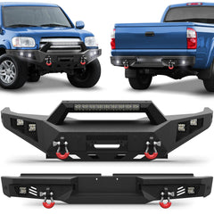 Front and Rear Bumper Set for 2000-2006 Toyota Tundra Full-Width Off Road Steel Bumper w/Winch Plate, Lights, D-rings POFENZE