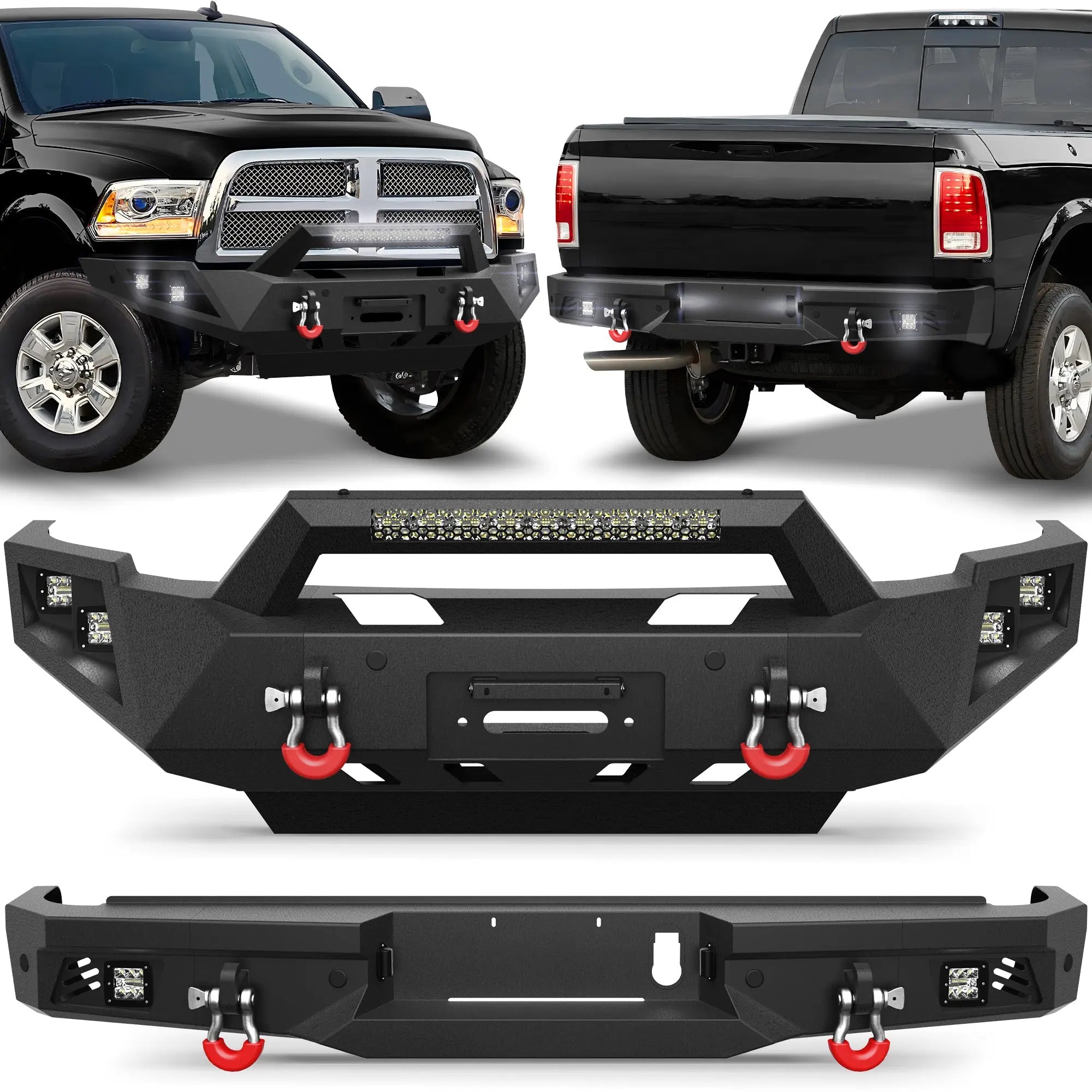 Front and Rear Bumper Set, Full Width Offroad Bumper w/Winch Plate, 144W Light Bar, 6x18w Fog Lights, D-rings, License Plate Bracket and Lights for 2010-2018 Dodge Ram 2500/3500 POFENZE