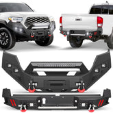 Front and Rear Bumper Set, Full-Width Offroad Bumper w/Winch Plate, 144W Light Bar, 6x18w Fog Lights, D-rings, License Plate Bracket for 2016-2023 Tacoma 3rd Gen POFENZE