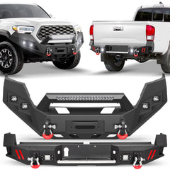 Front and Rear Bumper Set, Full-Width Offroad Bumper w/Winch Plate, 144W Light Bar, 6x18w Fog Lights, D-rings, License Plate Bracket for 2016-2023 Tacoma 3rd Gen POFENZE