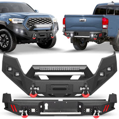 Front and Rear Bumper Set, Full-Width Offroad Bumper w/Winch Plate, 144W Light Bar, 6x18w Fog Lights, D-rings, License Plate Bracket for 2016-2023 Tacoma 3rd Gen POFENZE