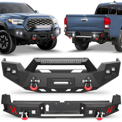 Front and Rear Bumper Set, Long Offroad Bumper w/Winch Plate, 144W Light Bar, 6x18w Fog Lights, D-rings, License Plate Bracket for 2016-2023 Tacoma 3rd Gen POFENZE