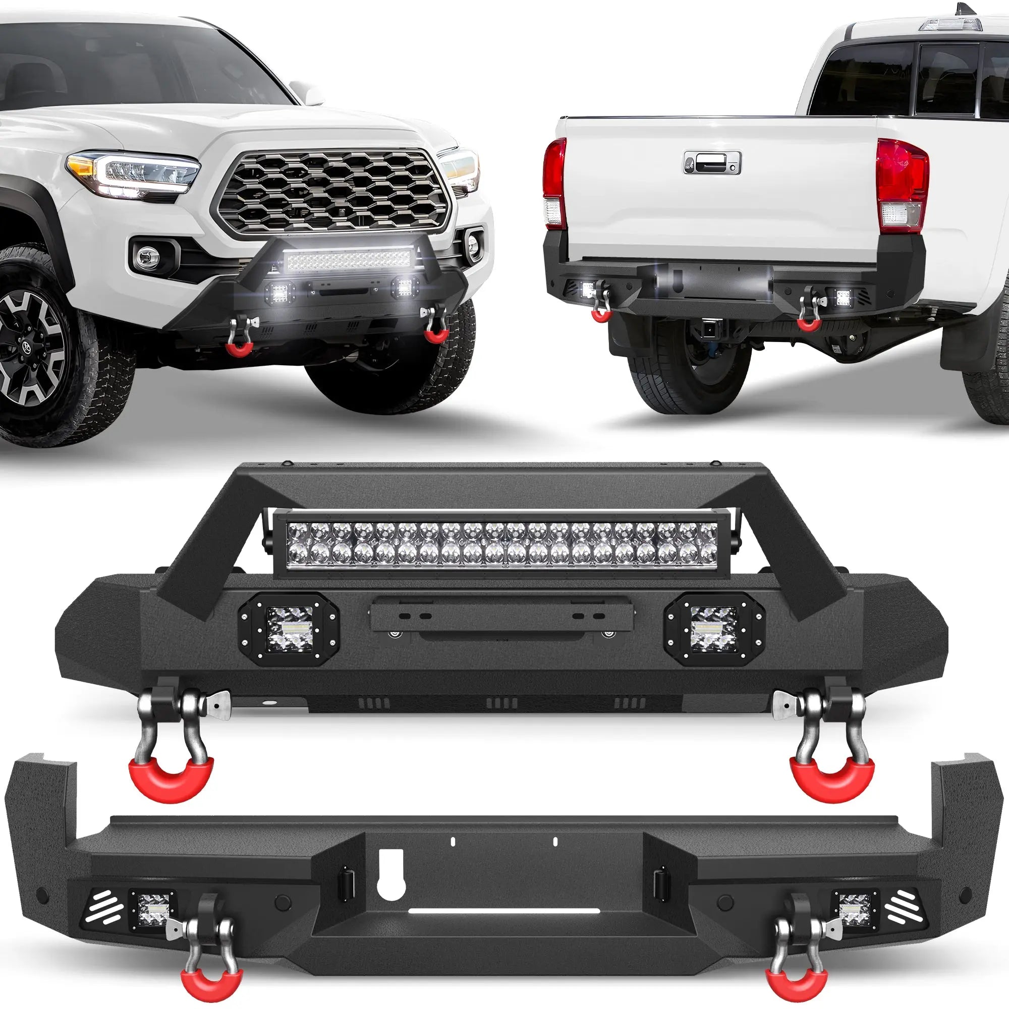 Front and Rear Bumper Set, Stubby Offroad Bumper w/Winch Plate, Skid Plate, 144W Light Bar, 4x18w Fog Lights, D-rings, License Plate Bracket & Lights for 2016-2023 Tacoma 3rd Gen POFENZE