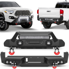 Front and Rear Bumper Set, Stubby Offroad Bumper w/Winch Plate, Skid Plate, 144W Light Bar, 4x18w Fog Lights, D-rings, License Plate Bracket & Lights for 2016-2023 Tacoma 3rd Gen POFENZE