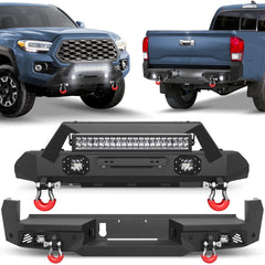 Front and Rear Bumper Set, Stubby Offroad Bumper w/Winch Plate, Skid Plate, 144W Light Bar, 4x18w Fog Lights, D-rings, License Plate Bracket & Lights for 2016-2023 Tacoma 3rd Gen POFENZE