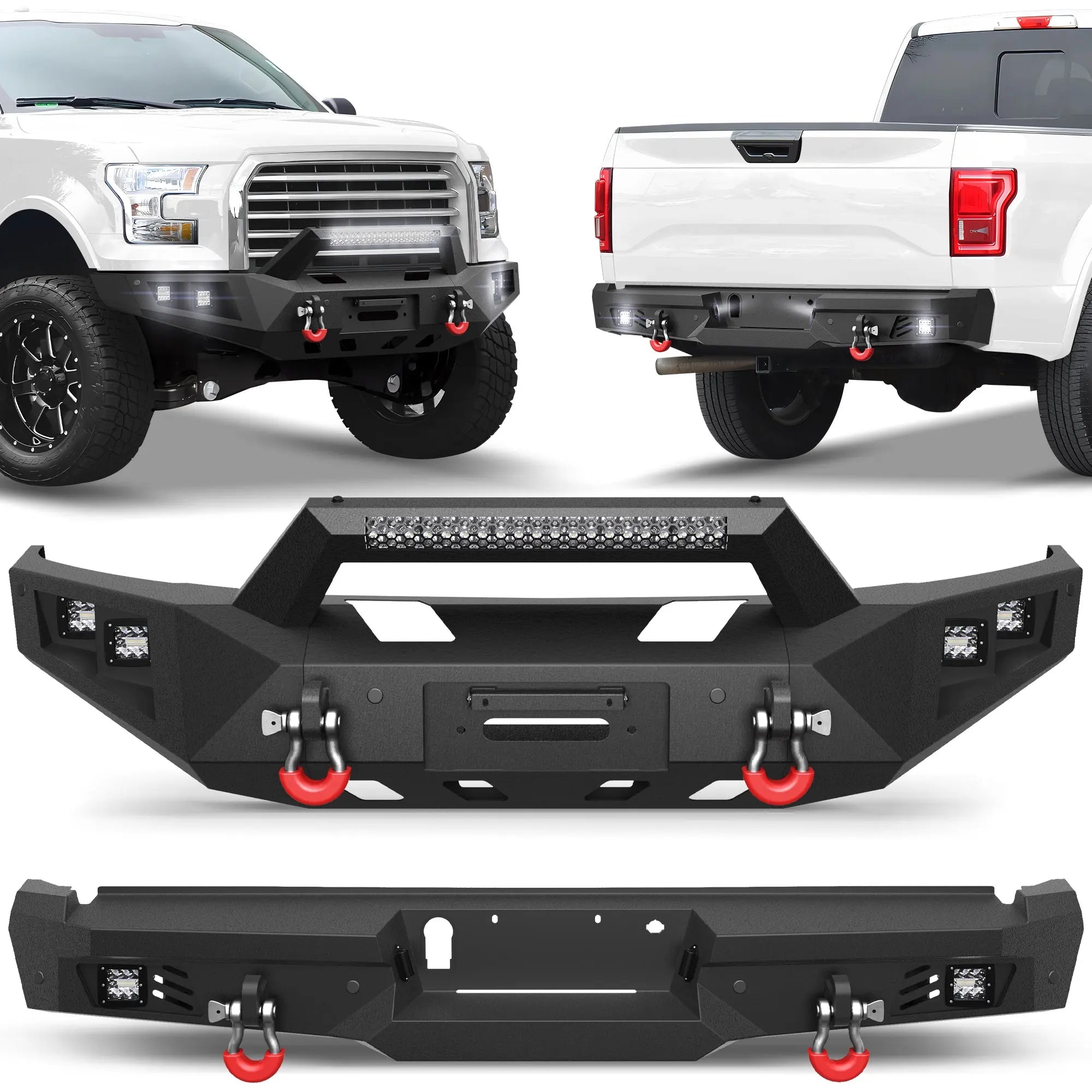 Front and Rear Bumper, Full Width Offroad Bumper w/Winch Plate, 144W Light Bar, 6x18w Fog Lights, D-rings, License Plate Bracket for 2015-2017 Ford F150 (Excluding Raptor/Ecoboost) POFENZE