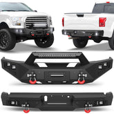 Front and Rear Bumper, Full Width Offroad Bumper w/Winch Plate, 144W Light Bar, 6x18w Fog Lights, D-rings, License Plate Bracket for 2015-2017 Ford F150 (Excluding Raptor/Ecoboost) POFENZE
