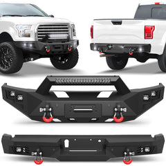 Front and Rear Bumper, Full Width Offroad Bumper w/Winch Plate, 144W Light Bar, 6x18w Fog Lights, D-rings, License Plate Bracket for 2015-2017 Ford F150 (Excluding Raptor/Ecoboost) POFENZE