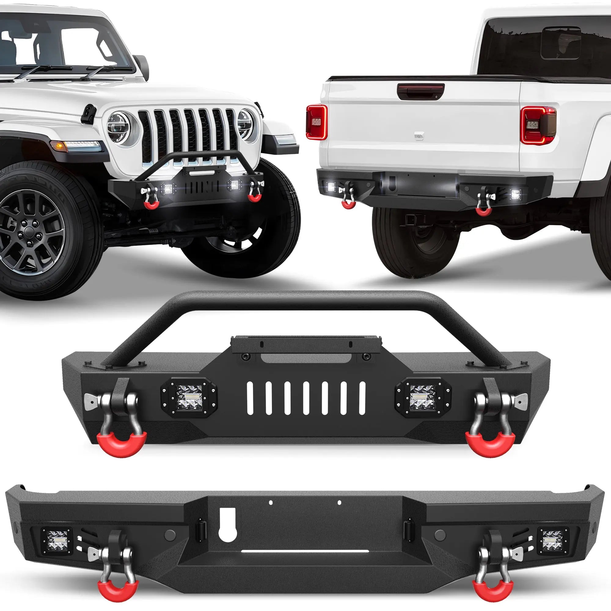 Gladiator JT Front Bumper + Rear Bumper Mid Width Offroad Bumper w/Winch Plate, D-ring and Lights Compatible with 2020-2025 Jeep Gladiator JT Pickup POFENZE