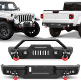 Gladiator JT Front Bumper + Rear Bumper Mid Width Offroad Bumper w/Winch Plate, D-ring and Lights Compatible with 2020-2025 Jeep Gladiator JT Pickup POFENZE