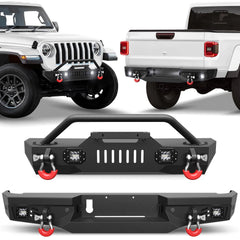 Gladiator JT Front Bumper + Rear Bumper Mid Width Offroad Bumper w/Winch Plate, D-ring and Lights Compatible with 2020-2025 Jeep Gladiator JT Pickup POFENZE
