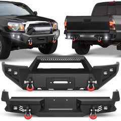Heavy Duty Front and Rear Bumper For 2005-2015 Toyota Tacoma Front or Rear Truck Bumper w/ Winch & LED Lights & D-Ring POFENZE