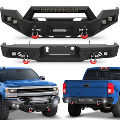 Heavy-Duty Steel Front & Rear Bumper Set for 2016-2017-2018 Chevy Silverado 1500 with Winch Plate, LED-Equipped Off-Road Upgrade