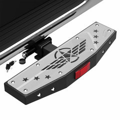 Hitch Step 2 inch Receiver with Anti-Theft Lock Stabilizer Plate Titch Bumper Guard with Pin Lock, Textured Black Reflector Stainless Steel Construction 600LBS Maximum Load POFENZE