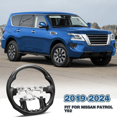 Hydro-Dip Carbon Fiber Steering Wheel For Nissan Patrol Y62 2019-2024 D-shaped With stitching Nappa Perforated Leather Flat-bottom Steering Wheel POFENZE