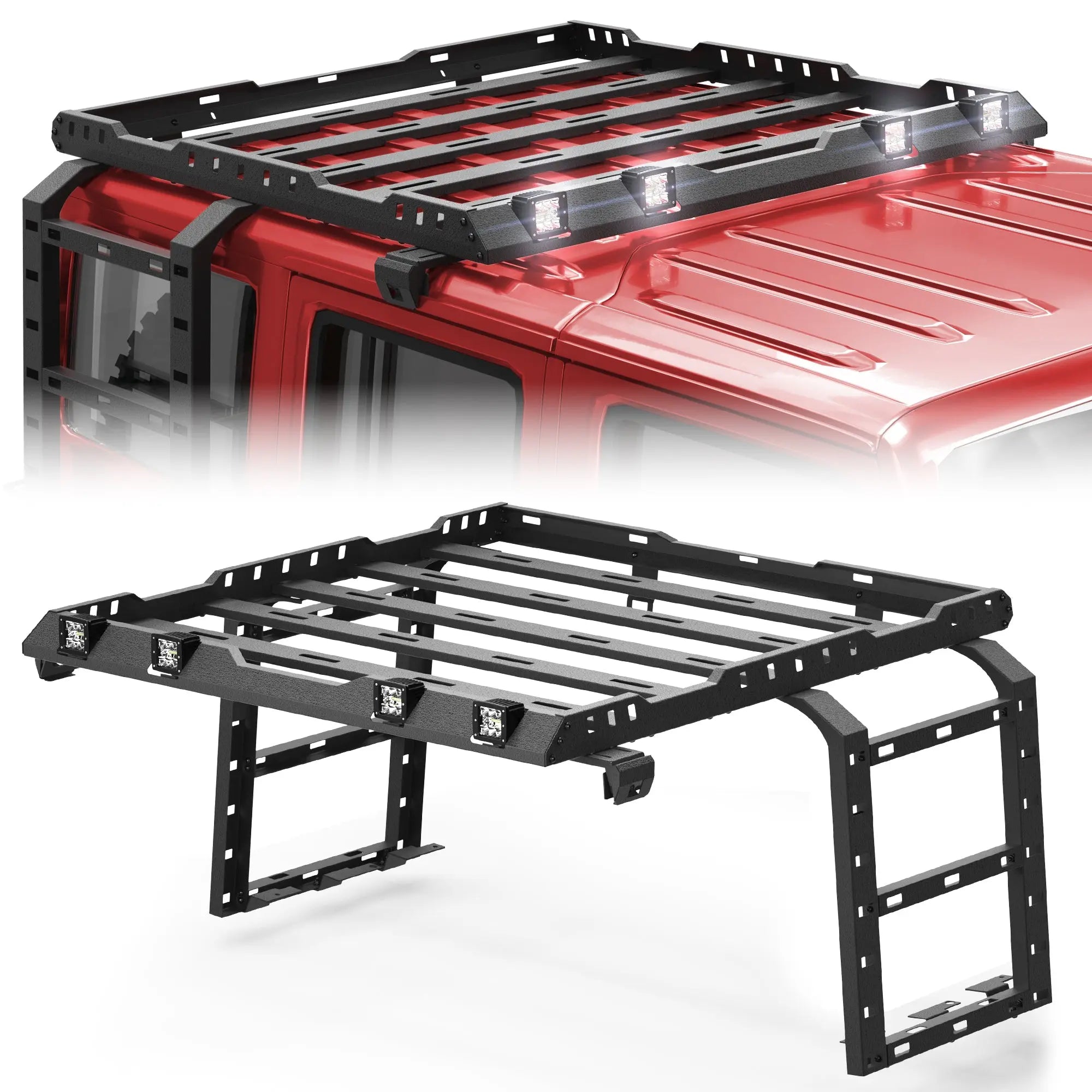 Jeep Wrangler JK Top Roof Heavy Duty Rack with Ladder 4 LED Lights Compatible with 2007-2018 Jeep Wrangler JK Unlimited POFENZE