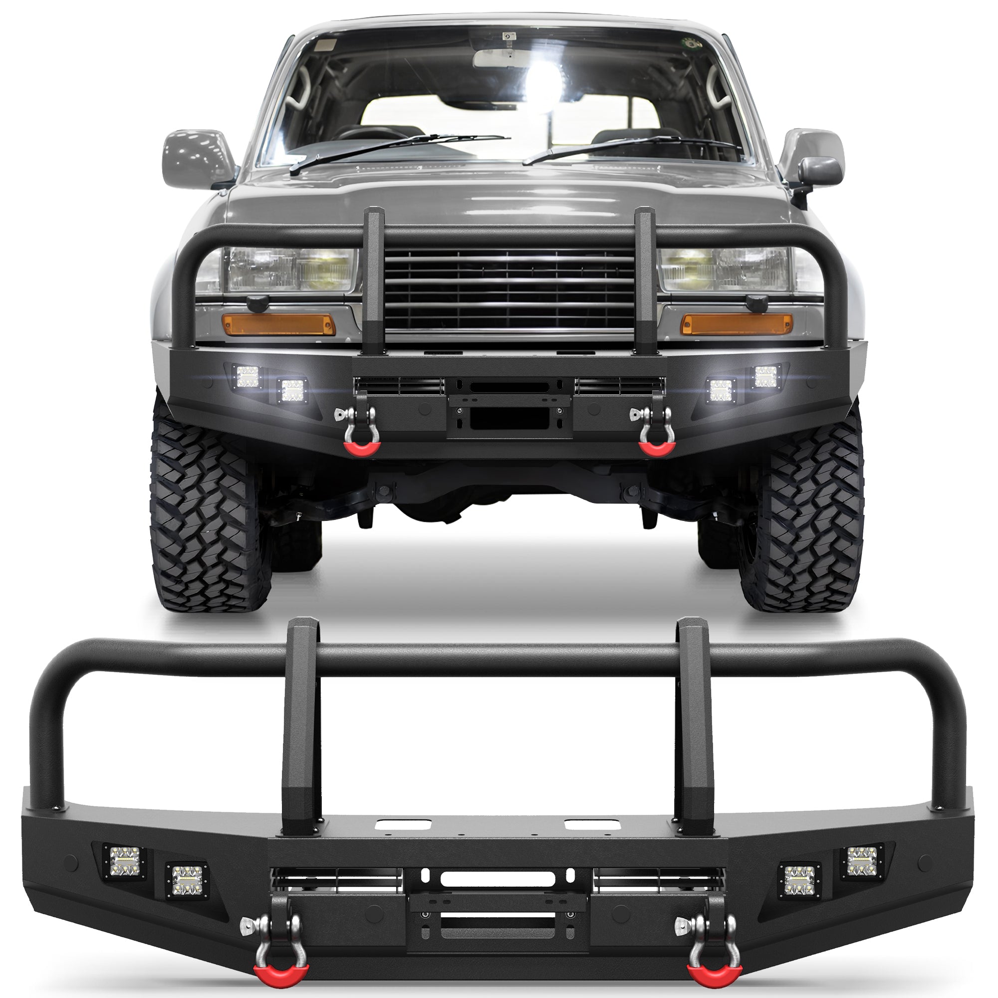 POFENZE Toyota Land Cruiser LC80 front bumper brush guard installed for 1992-1997, heavy-duty steel