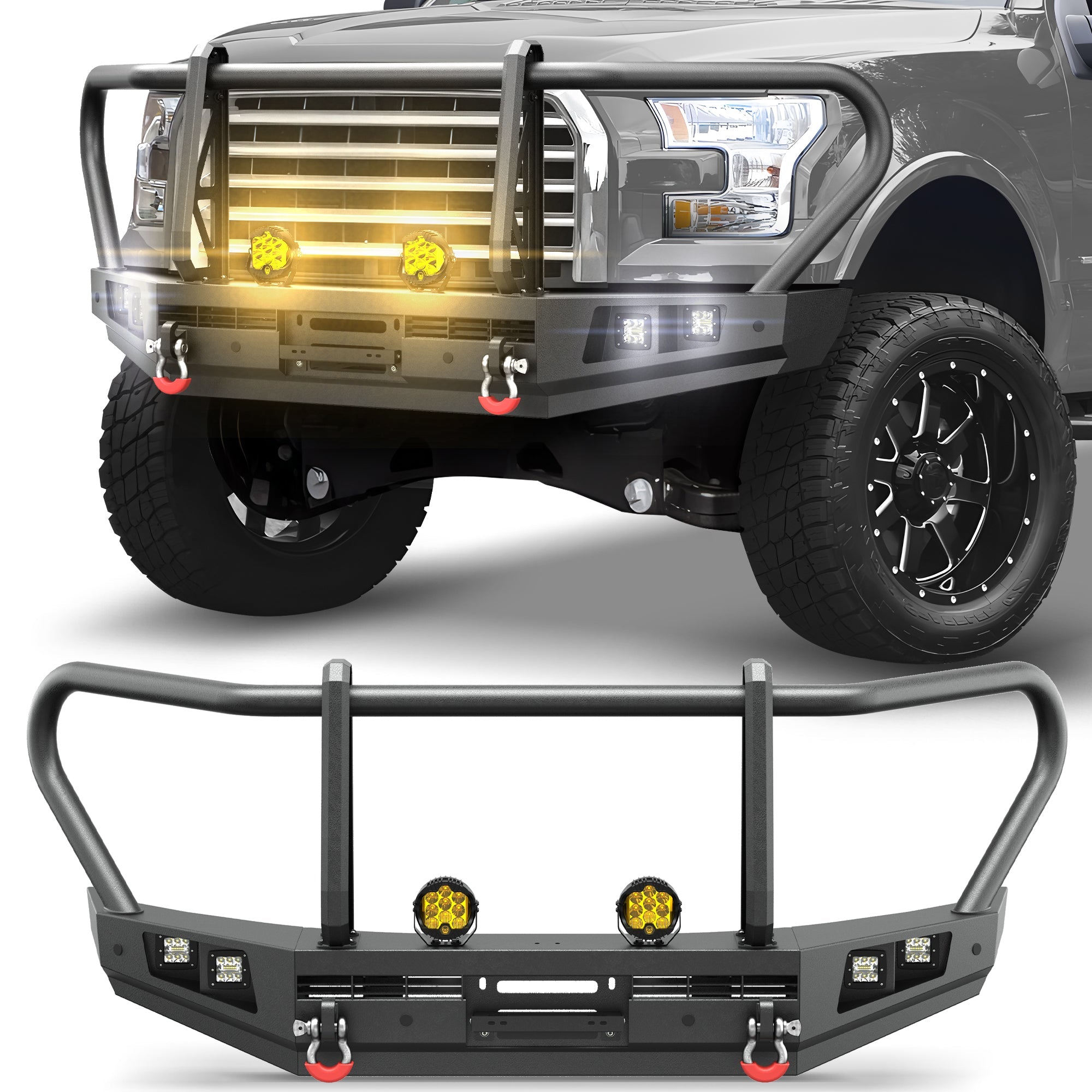 POFENZE F150 Front Bumper with Grille Guard for 2015 2016 2017 Ford F150, Full-Width Steel Off-Road Bumper POFENZE