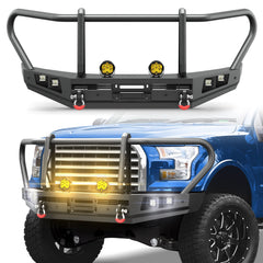 POFENZE F150 Front Bumper with Grille Guard for 2015 2016 2017 Ford F150, Full-Width Steel Off-Road Bumper POFENZE