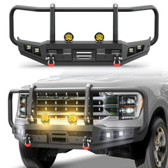 POFENZE Ford F150 Front Bumper with Grille Guard for 2021-2024 Ford F150, Full-Width Steel Off-Road Bumper POFENZE