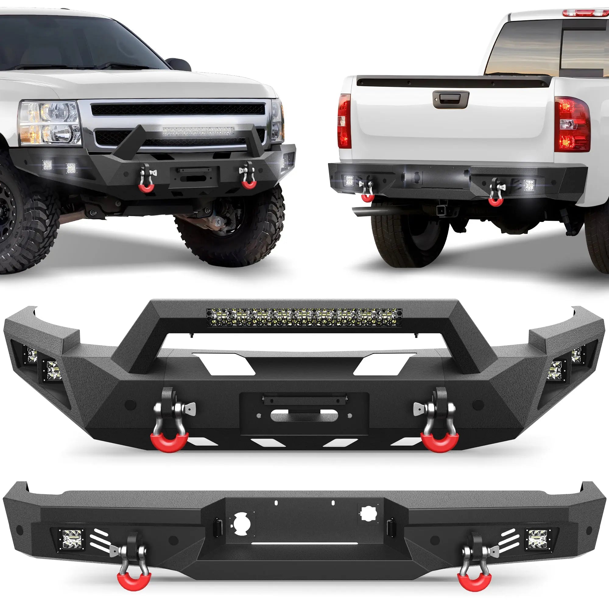 POFENZE Front Bumper + Rear Bumper Combo Compatible with 2007-2013 Silverado 1500 Textured Black Pickup Bumper w/Winch Plate POFENZE