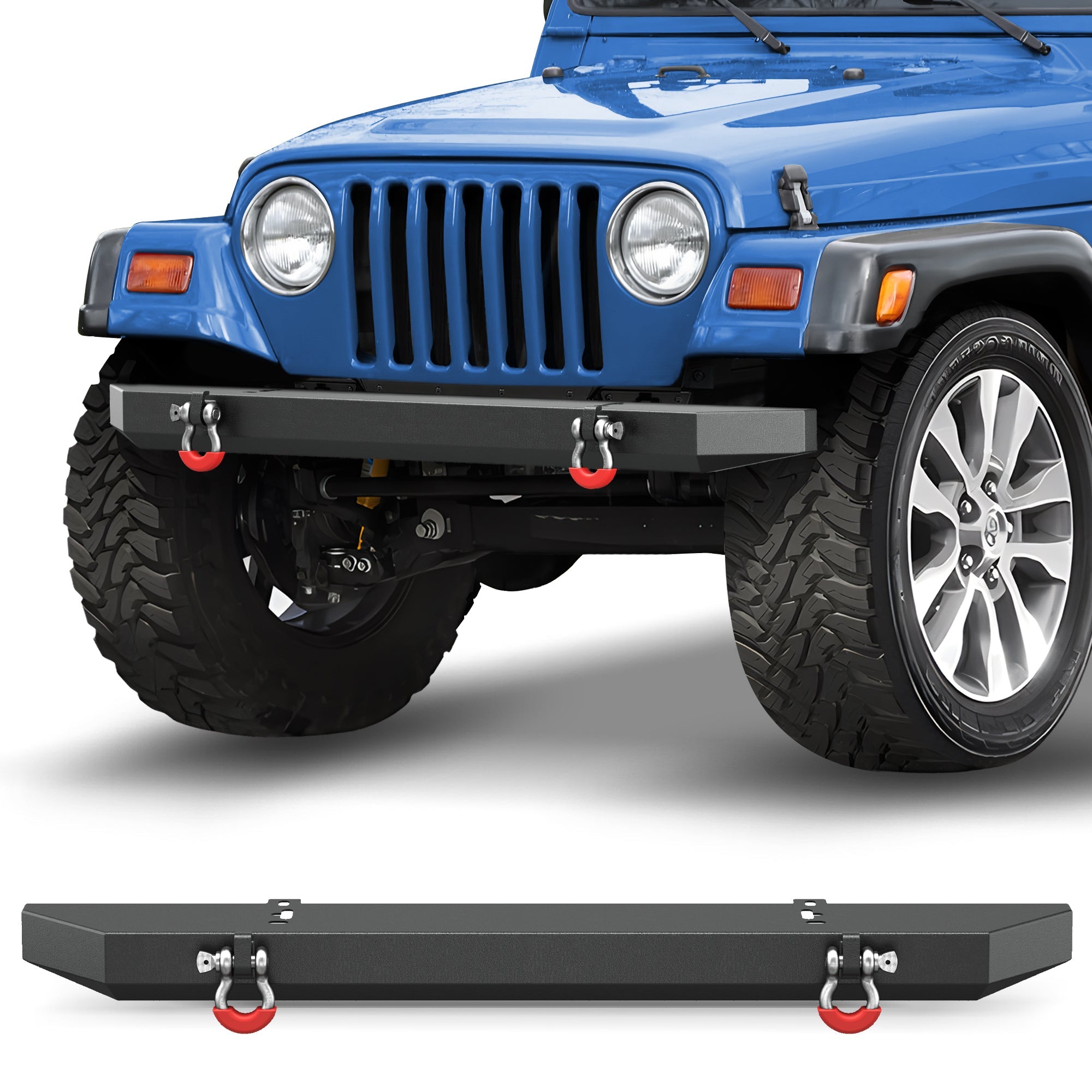 POFENZE Front Bumper for 1987-2006 Jeep Wrangler YJ TJ LJ, Full Width Steel Off-Road Bumper with D-Rings POFENZE