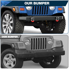 POFENZE Front Bumper for 1987-2006 Jeep Wrangler YJ TJ LJ, Full Width Steel Off-Road Bumper with D-Rings POFENZE