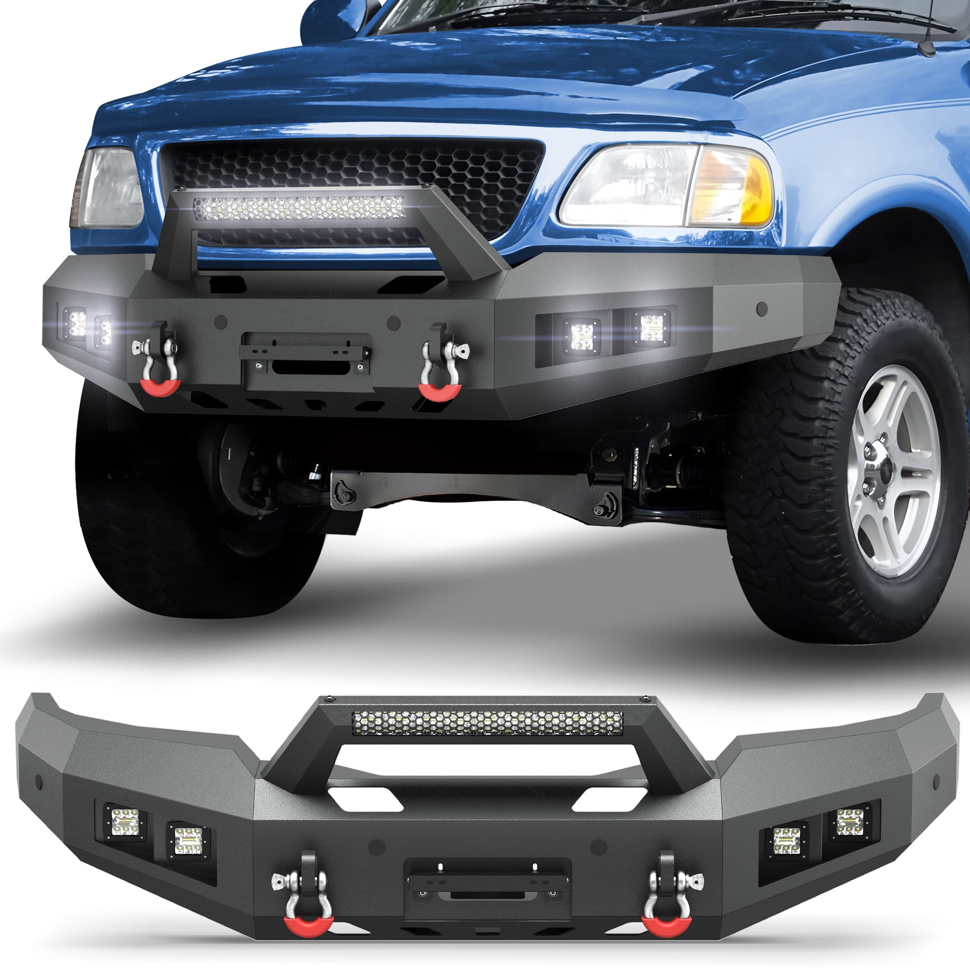 POFENZE Front Bumper for 1997-2003 Ford F-150, Winch Ready Steel Bumper with LED Lights POFENZE