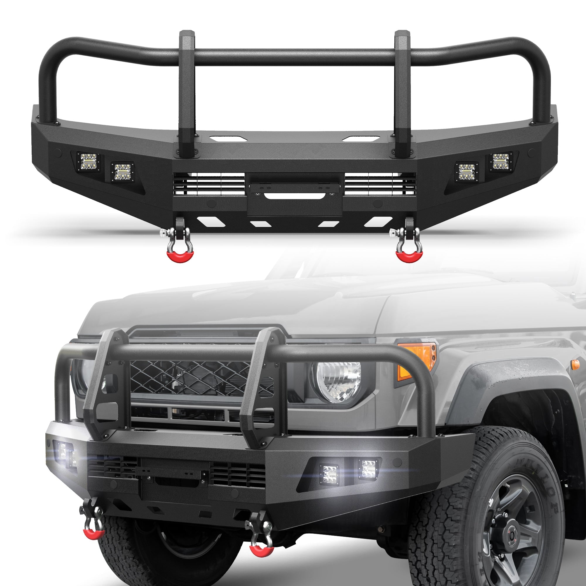 POFENZE Front Bumper for 2007-2023 Toyota Land Cruiser 70 Series LC76 LC78 LC79, Winch Bumper with Grille Guard POFENZE