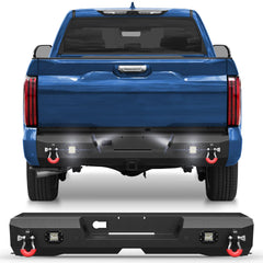POFENZE Rear Bumper for 2022-2025 Toyota Tundra Black Steel Bumper for Tundra w/Step Plate, 2x18w Lights POFENZE