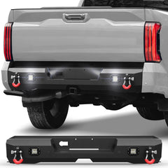 POFENZE Rear Bumper for 2022-2025 Toyota Tundra Black Steel Bumper for Tundra w/Step Plate, 2x18w Lights POFENZE