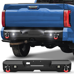 POFENZE Rear Bumper for 2022-2025 Toyota Tundra Black Steel Bumper for Tundra w/Step Plate, 2x18w Lights POFENZE