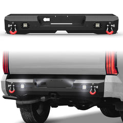 POFENZE Rear Bumper for 2022-2025 Toyota Tundra Black Steel Bumper for Tundra w/Step Plate, 2x18w Lights POFENZE