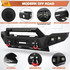 POFENZE Ram 2500 Front Bumper Feature Overview – 4 Parking Sensor Holes, License Plate Bracket, 144W LED Light Bar, 12000 lb Winch Plate, Skid Plate, 2x4.75T D-Rings, 4x18W LED Lights