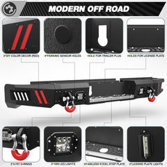 POFENZE Ram 1500 front and rear bumper combo package contents, LED lights and D-rings included