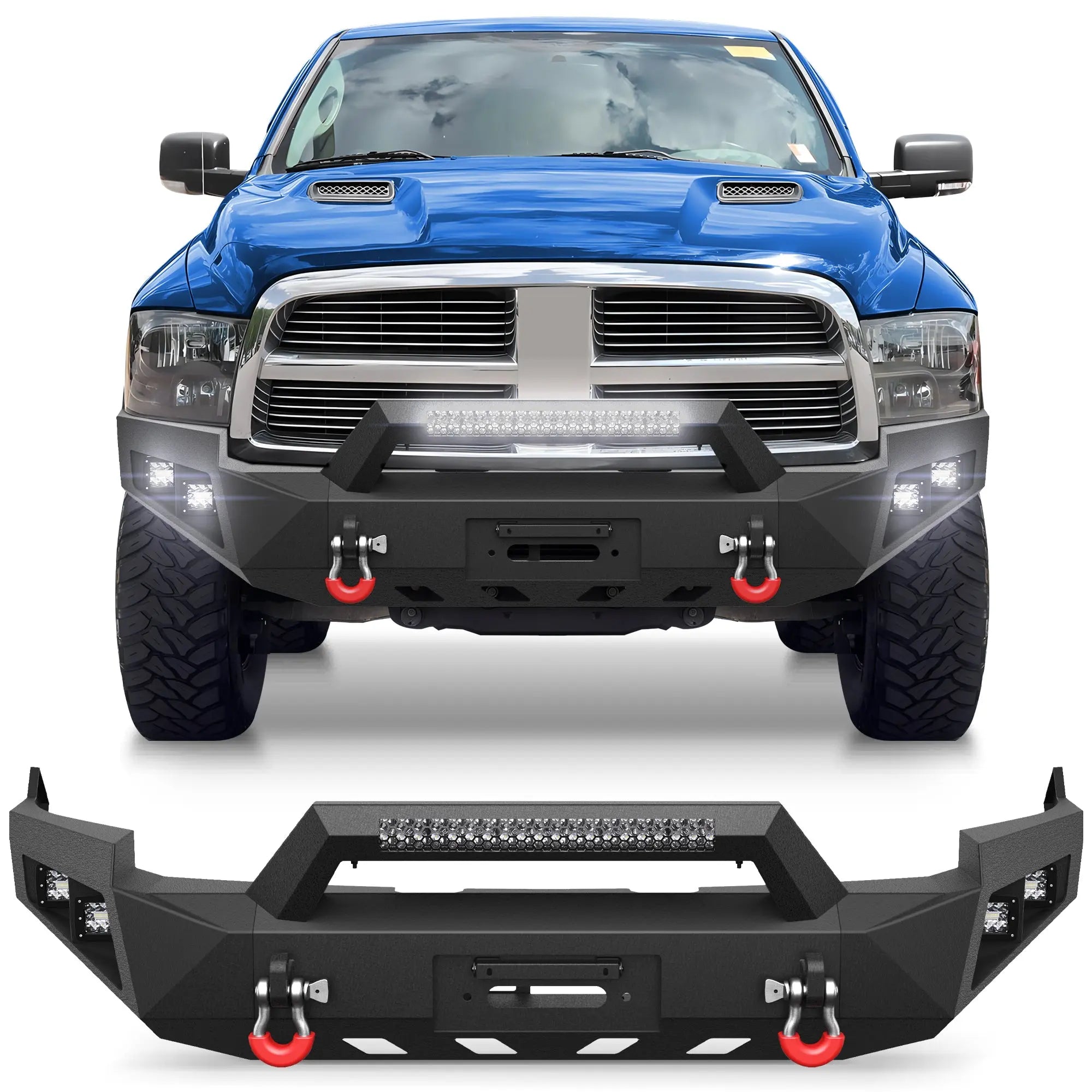 Ram 1500 Front Bumper for 2009-2012 Ram 1500 Pickup, w/Winch Plate, LED Lights, D-rings and License Plate Bracket POFENZE