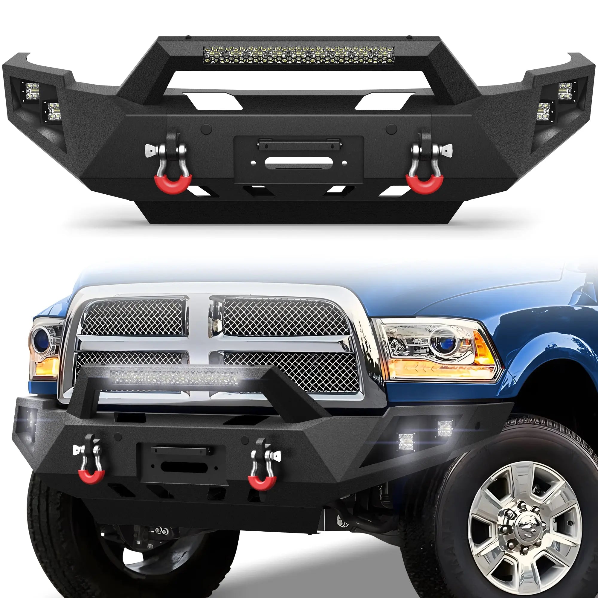 Ram 2500 Front Bumper Full Width for 2010-2018 Dodge Ram 2500/3500 Pickup, w/Winch Plate, LED Lights, D-rings and License Plate Bracket POFENZE