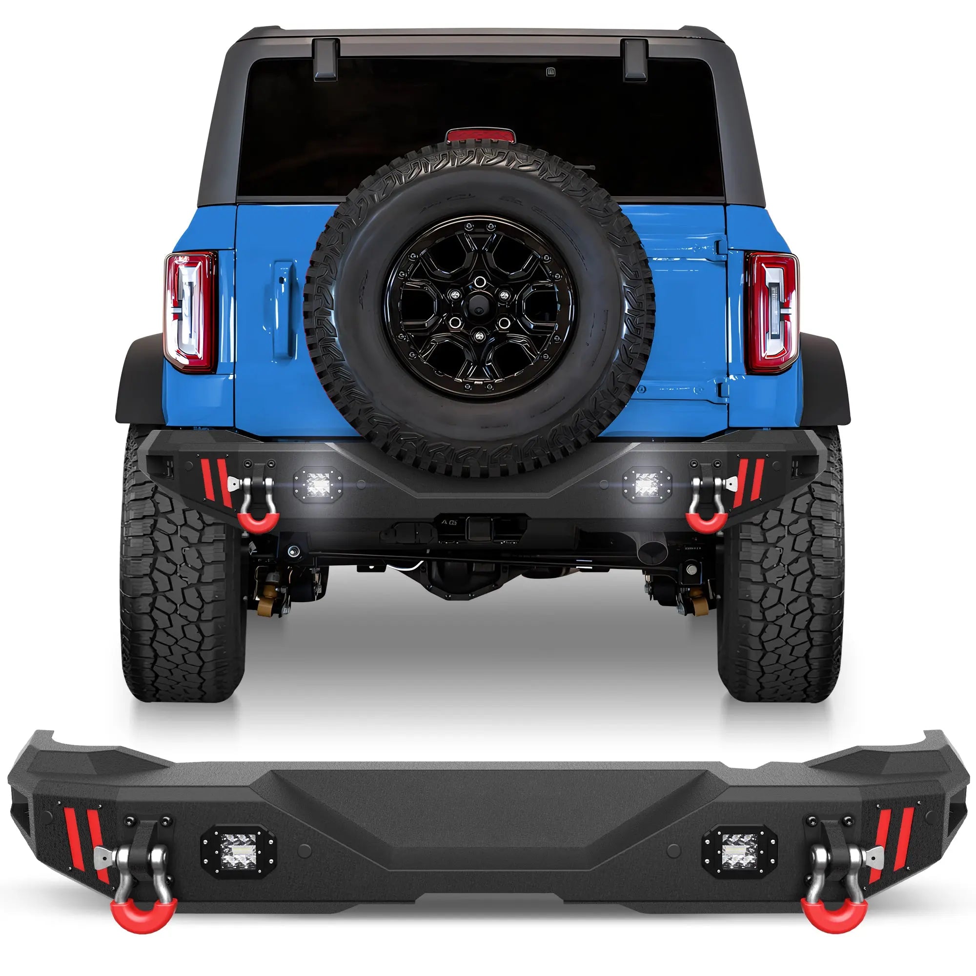 Rear Bumper Compatible with Ford Bronco 2021-2024, Textured Black Pickup Truck Bumper for 2021 2022 2023 2024 Ford Bronco, with Step Plate, Lights & D-rings (Excluding Bronco Sport or Raptor) POFENZE