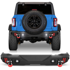 Rear Bumper Compatible with Ford Bronco 2021-2024, Textured Black Pickup Truck Bumper for 2021 2022 2023 2024 Ford Bronco, with Step Plate, Lights & D-rings (Excluding Bronco Sport or Raptor) POFENZE