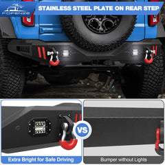 Rear Bumper Compatible with Ford Bronco 2021-2024, Textured Black Pickup Truck Bumper for 2021 2022 2023 2024 Ford Bronco, with Step Plate, Lights & D-rings (Excluding Bronco Sport or Raptor) POFENZE